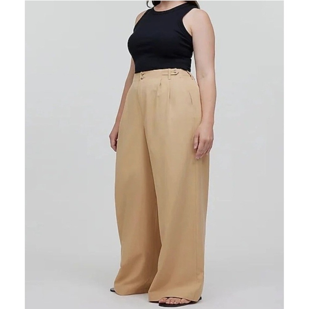Women's Madewell Size 12 Tan Wide-Leg Pleated Linen-Blend Trousers Pants
